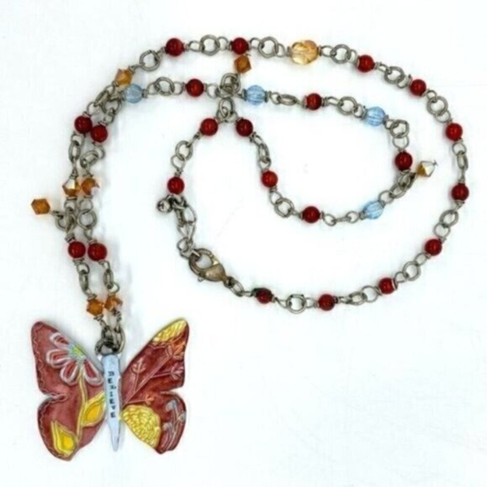 Artist Caroline Simas Signed Enameled Butterfly Beaded Necklace